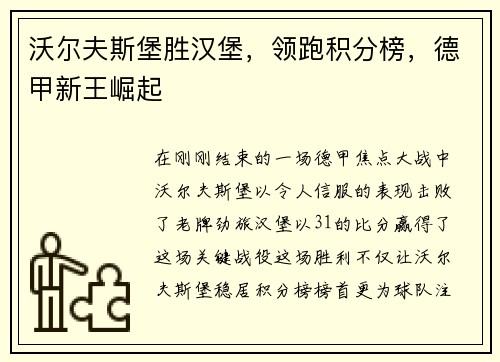 沃尔夫斯堡胜汉堡，领跑积分榜，德甲新王崛起