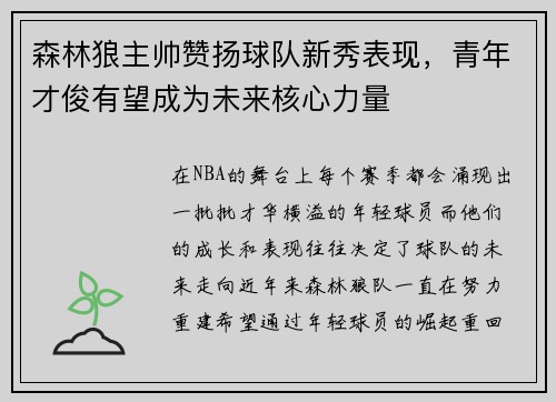 森林狼主帅赞扬球队新秀表现，青年才俊有望成为未来核心力量