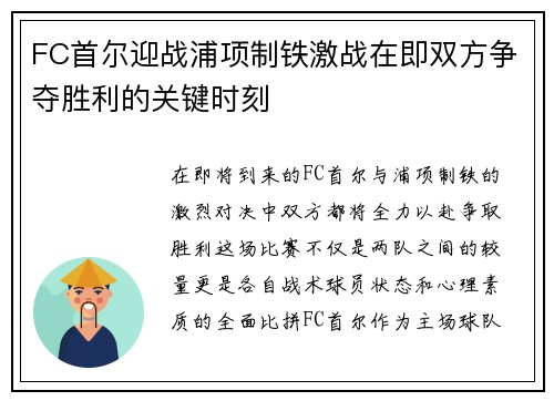 FC首尔迎战浦项制铁激战在即双方争夺胜利的关键时刻