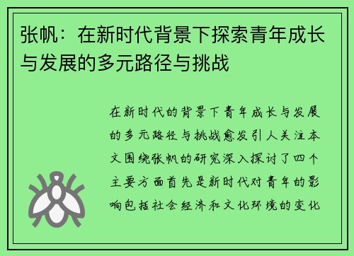 张帆：在新时代背景下探索青年成长与发展的多元路径与挑战