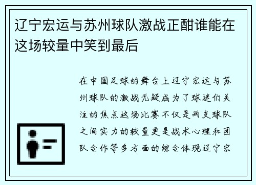 辽宁宏运与苏州球队激战正酣谁能在这场较量中笑到最后