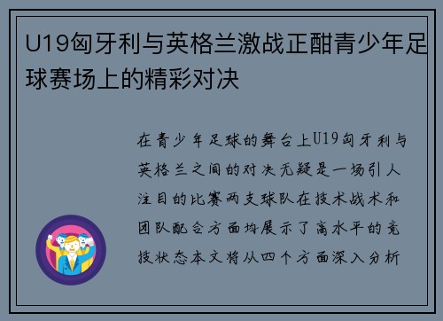 U19匈牙利与英格兰激战正酣青少年足球赛场上的精彩对决
