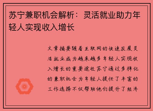 苏宁兼职机会解析：灵活就业助力年轻人实现收入增长