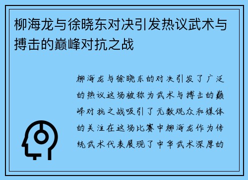 柳海龙与徐晓东对决引发热议武术与搏击的巅峰对抗之战