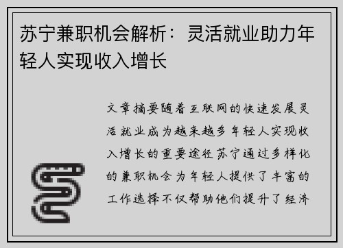苏宁兼职机会解析：灵活就业助力年轻人实现收入增长