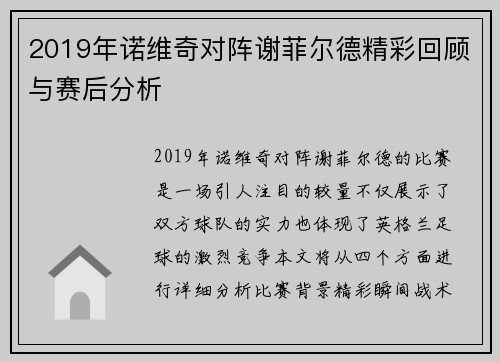 2019年诺维奇对阵谢菲尔德精彩回顾与赛后分析